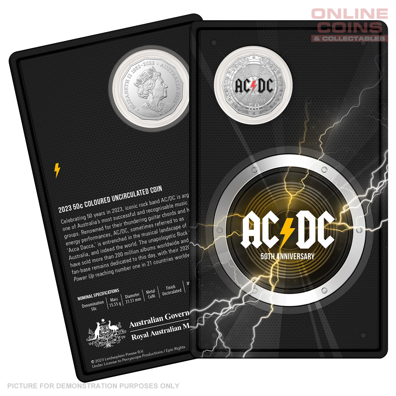 2023 50c CuNi Coloured Uncirculated Carded Coin - 50th anniversary of AC/DC